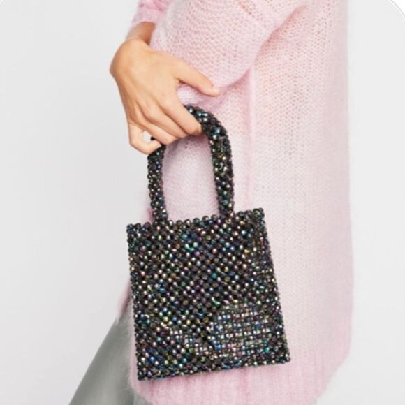 NEW FREE PEOPLE BEADED MINI TOTE BLACK - Picture 1 of 2